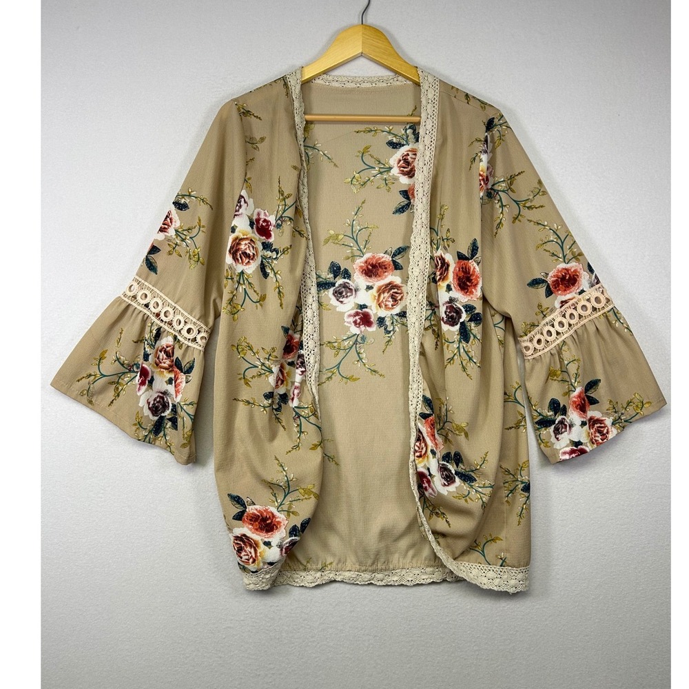 Boho Floral Unbranded Women L Tan Crochet Lace Trim Bell Sleeve Kimono Cardigan